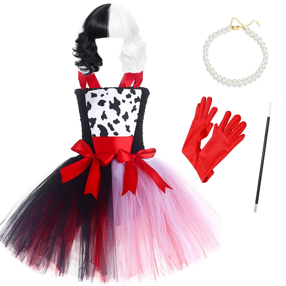 

Cruella de Vil Halloween Cosplay Dress for Kids Girl Princess Cute Dotted Dalmatian Inspired Kids Party Vestido Baby Costume