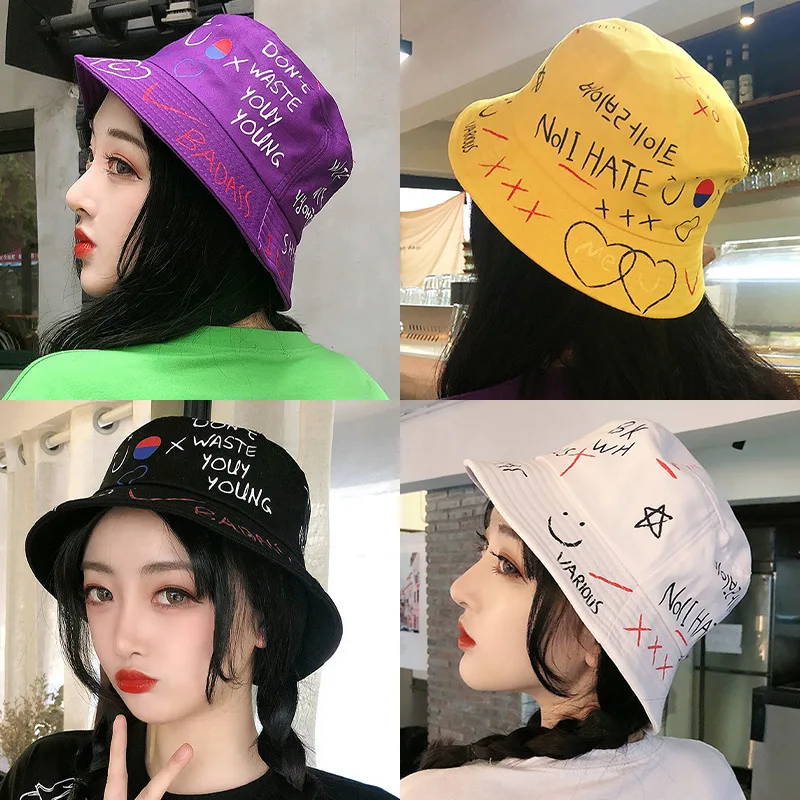 

Unisex Harajuku Bucket Hat Graffiti Letter Women Men Fishing Fisherman Hat Summer Outdoor Panama Hip Hop Sun Cap