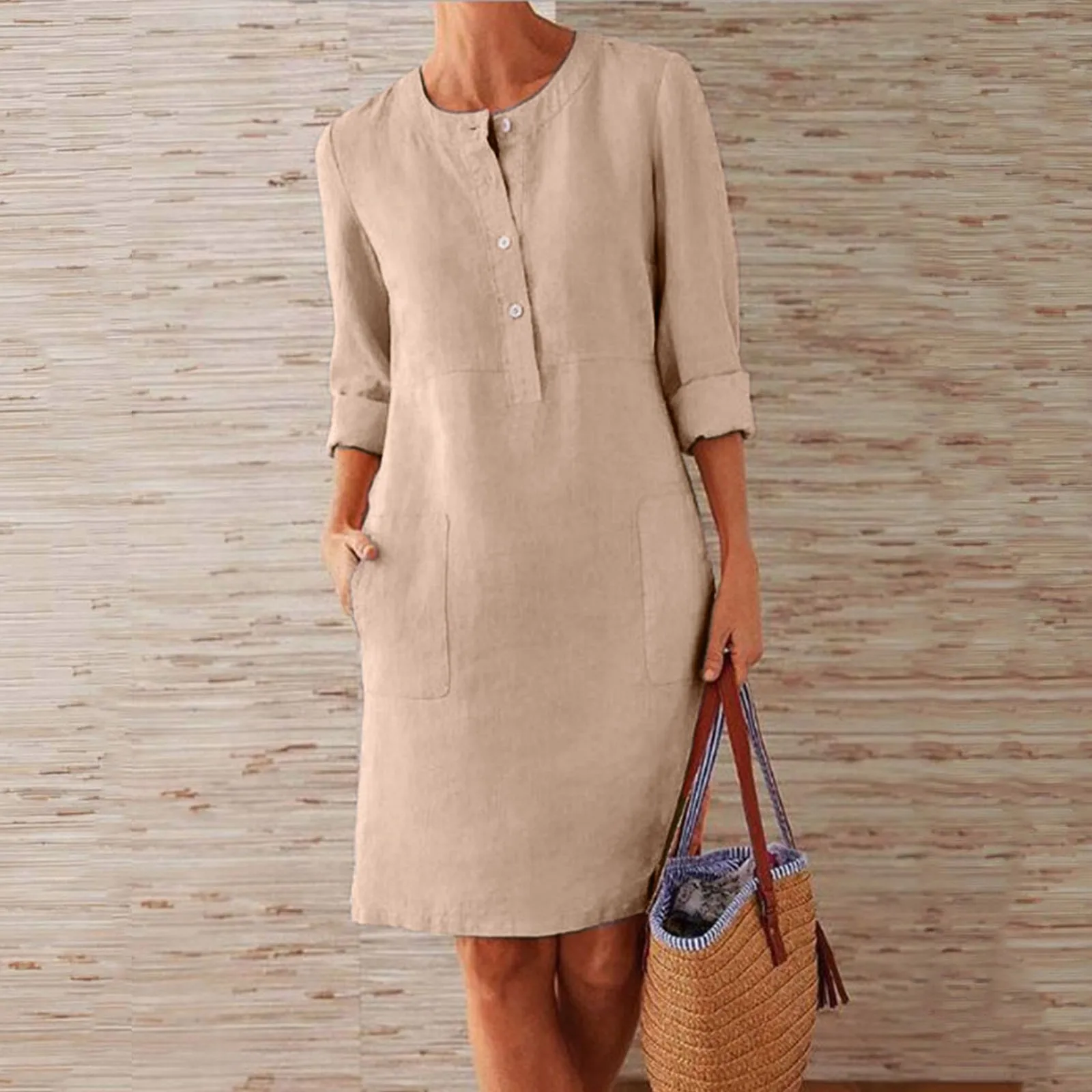 

2024 Women Casual Soild Long Sleeve Cotton and Linen Tunic Dress Vintage Straight Dress Long Sleeve Oversized Mini Dress