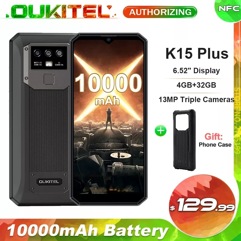 

OUKITEL K15 Plus 10000mAh 6.52'' Smartphone 4GB+32GB Face ID Unlock Quad Core Android 10.0 13MP Triple Cameras Mobile Phone NFC