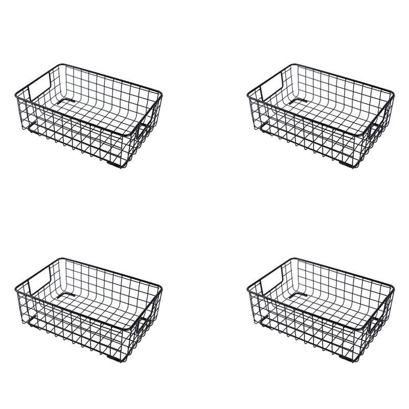 

4X Creative Metal Wire Storage Basket With Handle Wrought Iron Sundries Container Kitchen Black Promotion