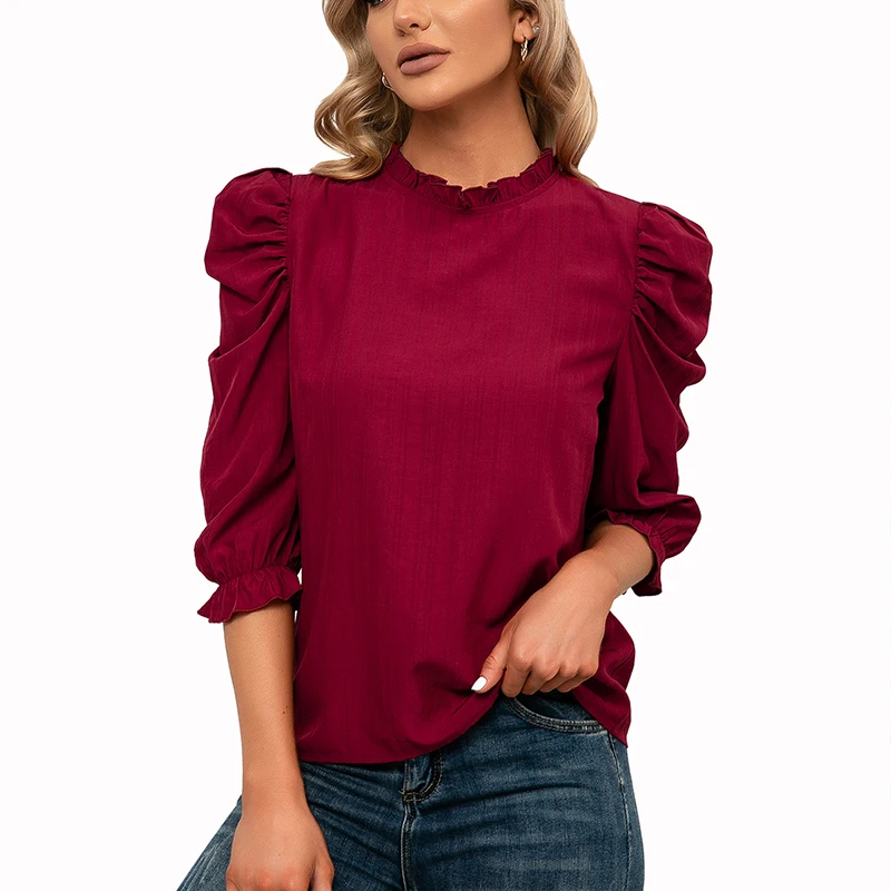 

Women's Stand Collar Half Sleeve Blouse Top Puff Sleeve Casual T Shirts Tee Tops Autumn Winter Outfit