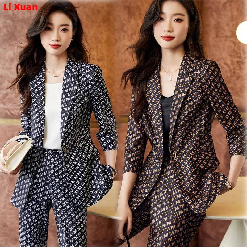 Summer Thin Fashion Loose Casual Medium Length Femme Jacket Pantsuits Korean Women Office Print Blazer Shorts Set 2-piece