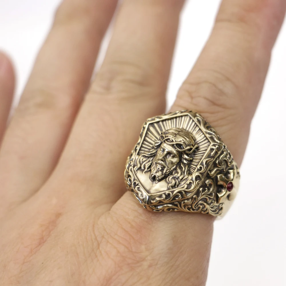 Латунное кольцо с страданием Иисуса Христа для байкеров BR459 Размер США 8 ~ 15