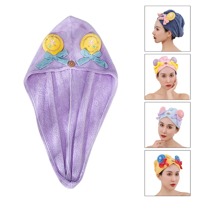 

Women Coral Velvet Hair Towel Turban Wrap Quick Drying Shower Hat with Button Cute Microfiber Super Absorbent Anti Drop Shipping
