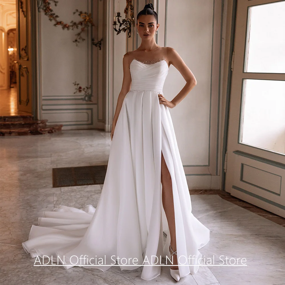 Фото Свадебное платье из органзы Vestidos De Novia по индивидуальному заказу, съемное свадебное платье без рукавов со складками и бисером, трапециевидное свадебное платье с разрезом №3