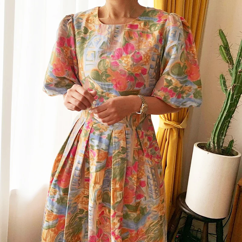 

Woherb летние платья, корейский цветочный масляный принт, платье с пышными рукавами, женские элегантные темпераментные плиссированные притал...