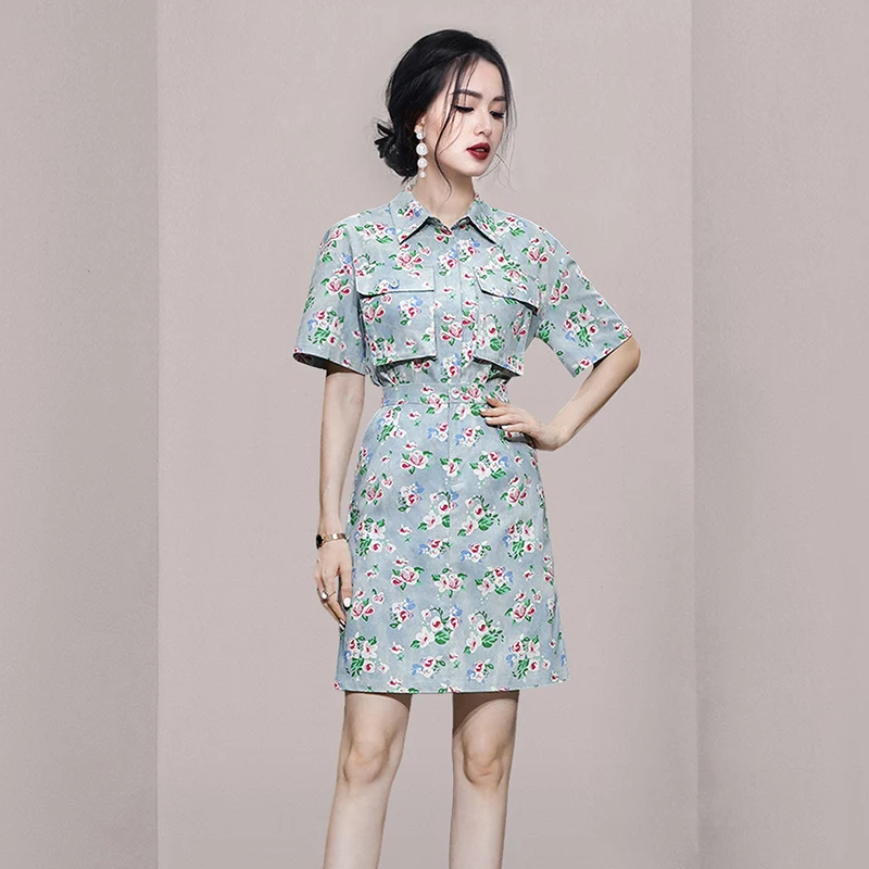 

2022 Summer Temperament Lapel Pocket Shirt Top +High Waist Skirt Elegant Floral Print Two Pieces Suits