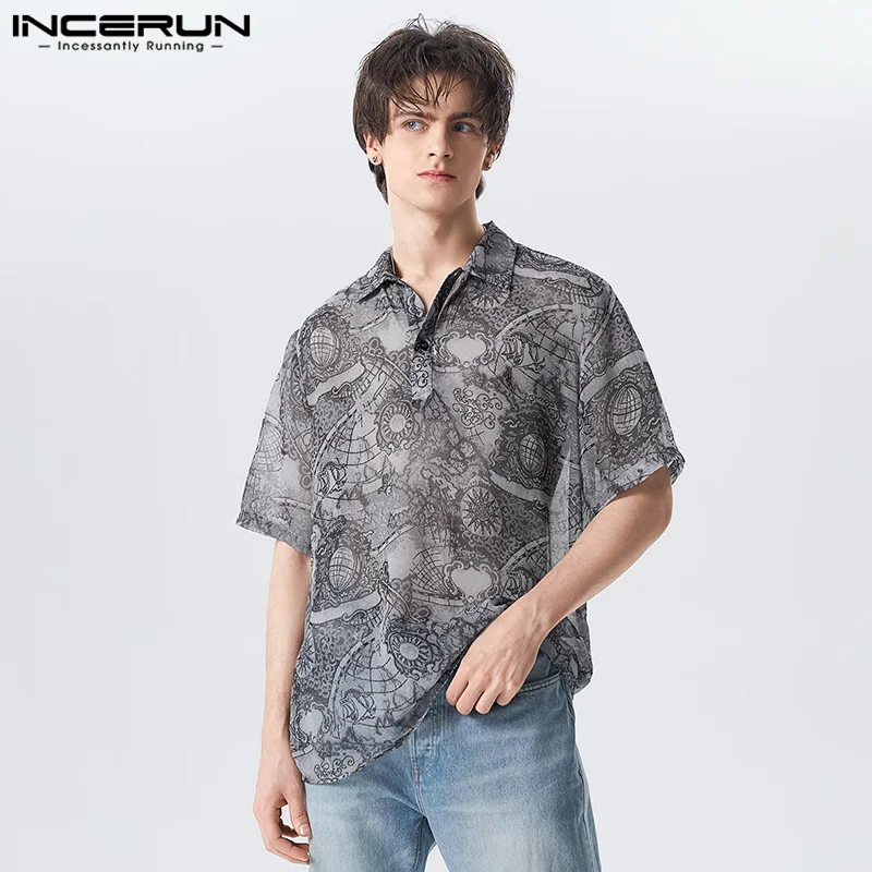 

2023 Men Shirt Printing Chiffon Transparent Lapel Short Sleeve Summer Cozy Men Clothing Streetwear Loose Camisas S-5XL INCERUN
