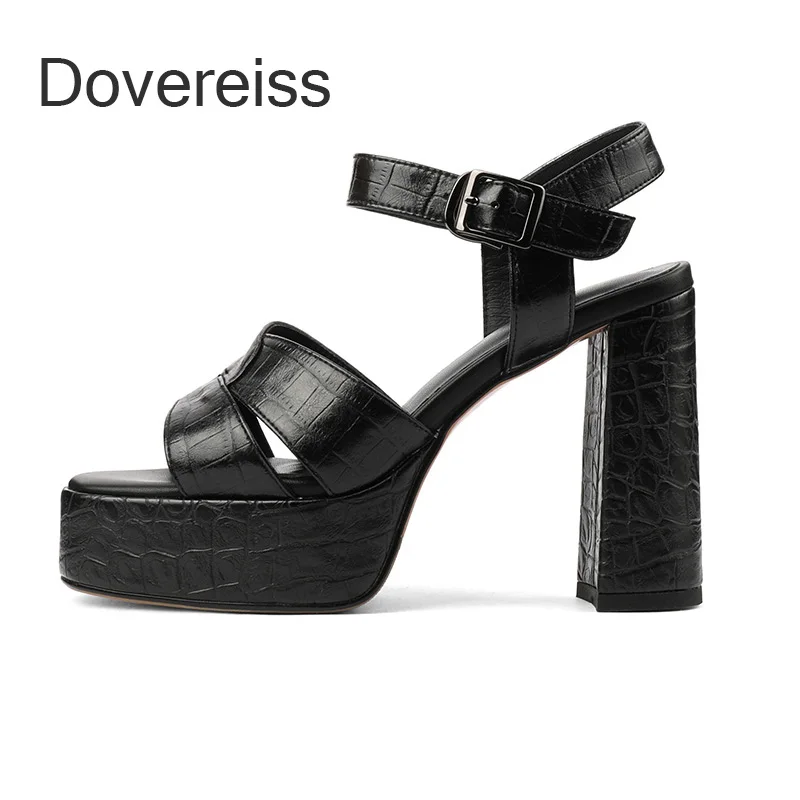 

Dovereiss Fashion Summer White Elegant Buckle Suede Genuine Leather Narrow Band Chunky Heels Waterproof Sandales Sexy Consice