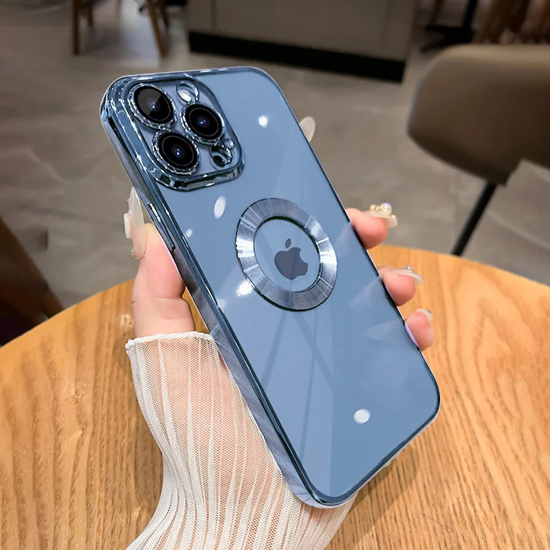 

Luxury Plating Hollow Logo Hole Clear Phone Case For iPhone 11 12 13 14 Pro Max Mini XR X XS 7 8 Plus Shockproof TPU Soft Cover