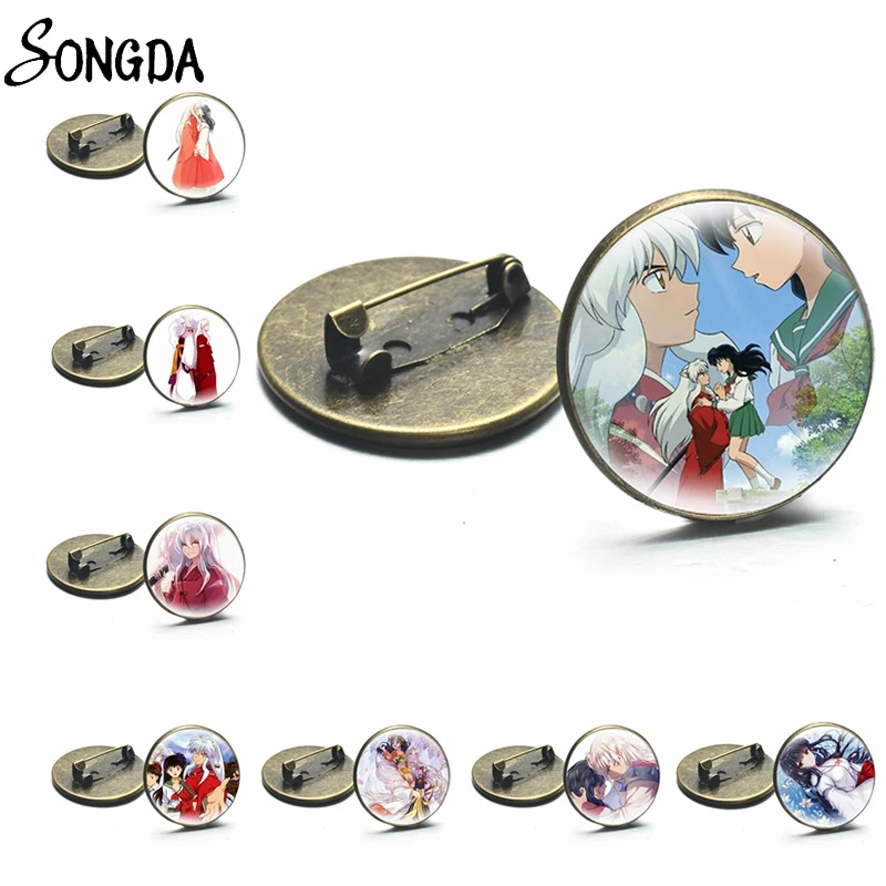 

Anime Inuyasha Brooch Badges Round Higurashi Kagome Sesshoumaru Miroku Cartoon Figures Lapel Pins Glass Cabochon Jewelry Gifts