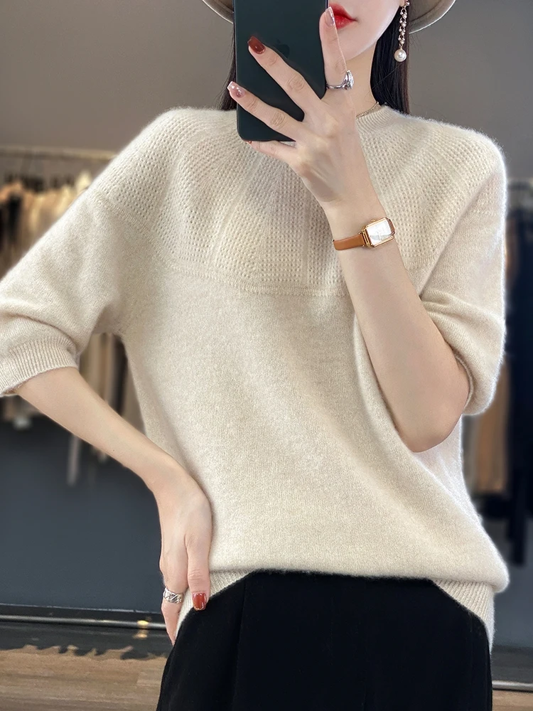 

Spring And Summer New Pure Wool Knitted Short-Sleeved Women Round Neck Solid Color Jacquard Loose Pullover Bottoming Shirt