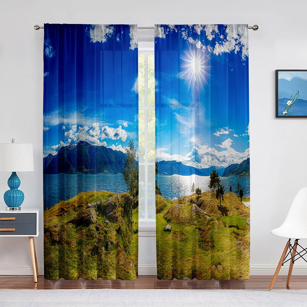 

River Mountain Sky Scenery Sun Clouds Tulle Curtains for Kitchen Bedroom Window Living Room Sheer Voile Curtains Organza Drapes