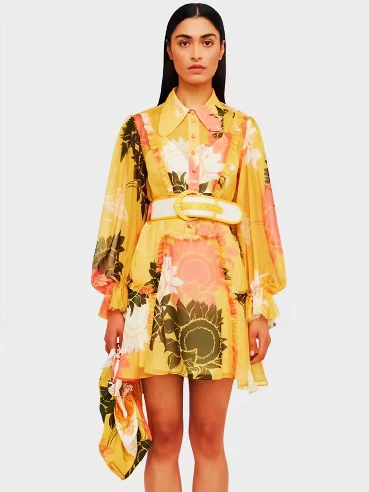 

Delocah High Quality Summer Women Fashion Designer Mini Dress With Belt Flare Long Sleeve Floral Print Thin Lrregular Dresses