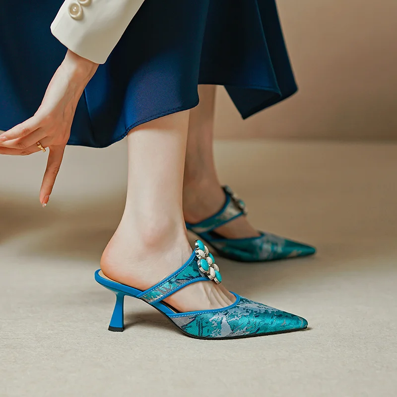 

Spring Summer Pumps Party Pointed Toe Slippers 6.5 cm Med Heels Ethnic Bohemia Sandles Elegant Women Shoes Slingback
