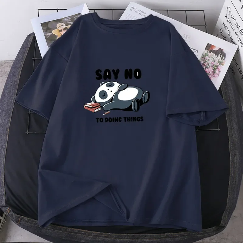 

Panda Say No To Doing Things T-shirt Woman Funny Fashion 2021 New Summer Tees Short Sleeve K-pop Lady New Clothing High Quality