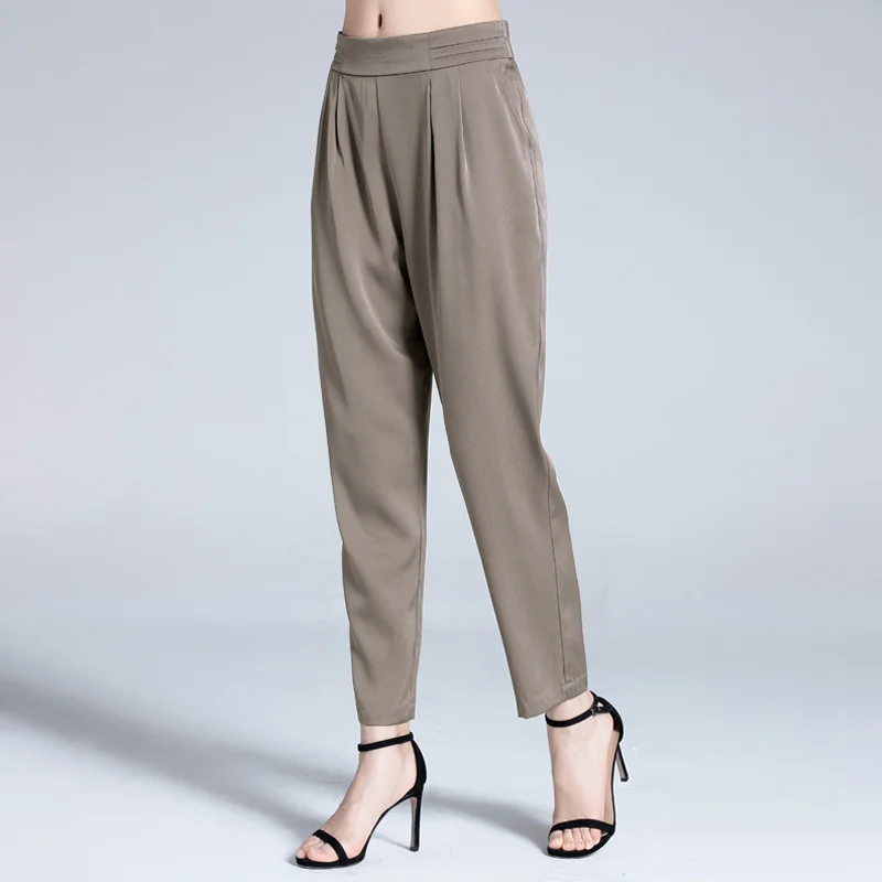 2022 Summer mulberry silk pants women's small leg pants middle aged and elderly mothers'  pants High Waist Wide trouses 21A13
