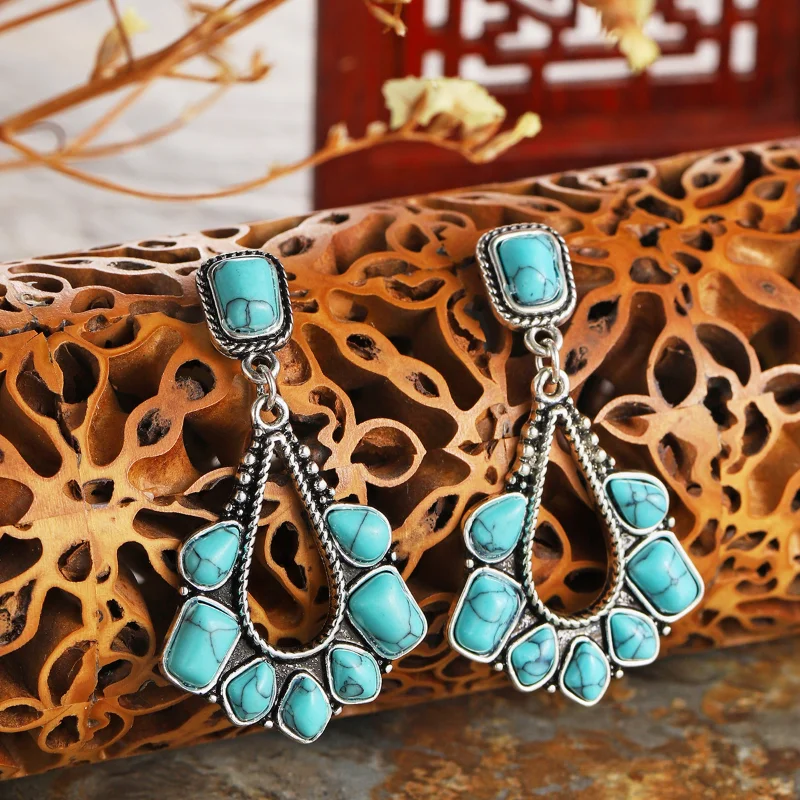 

Ancient silver turquoise earrings Popular exaggerated women's earrings in Europe and America