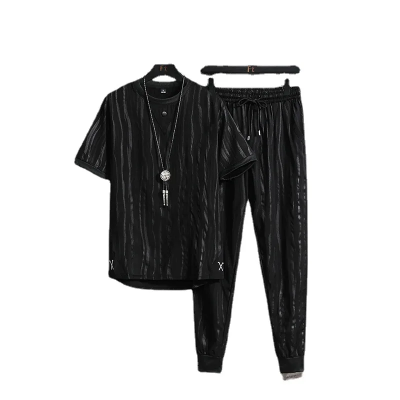 Casual suit summer loose new men's short sleeveTT-shirt pants with drawstring sports fashion clothes men's casual