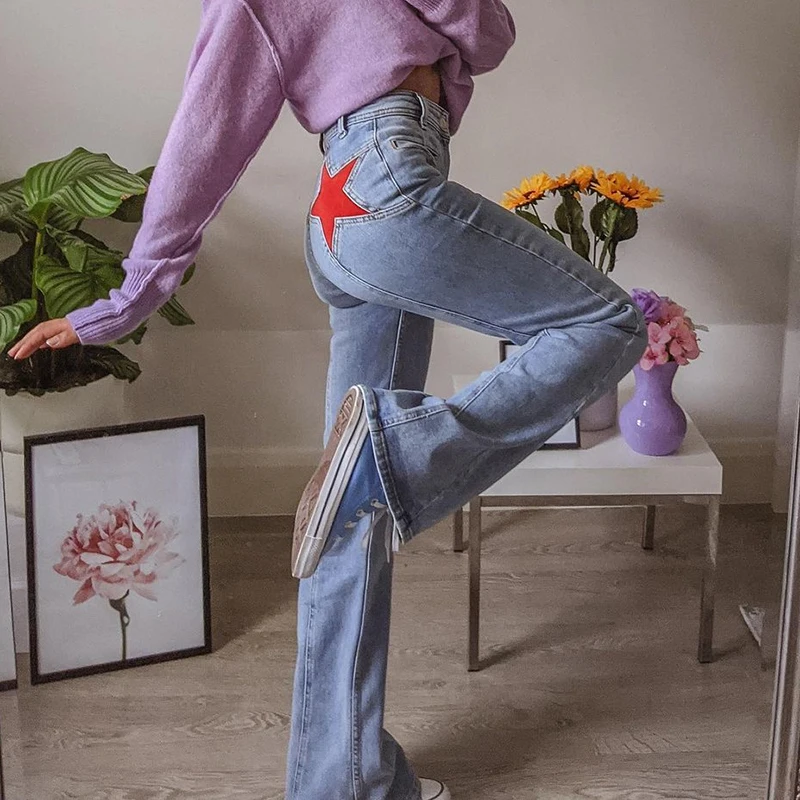 

Y2k Denim Pants For Women Vintage 2022 Star Pattern Blue Flare Jeans Female New Harajuku High Waist Full Length Trousers Capris