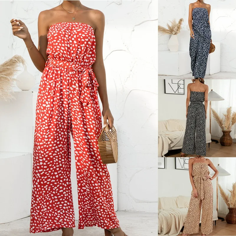 

Hot kf-Women's Sexy Romper Off Shoulder Jumpsuit Casual Strapless Wide Leg Pants Jumpsuit