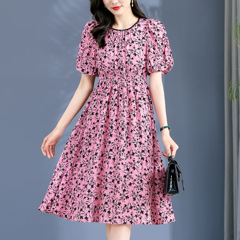 

100% Real Silk Women's Print Dress Vintage Short Puff Sleeve Elegant Fashion Dresses Women High Waist Woman Long Dress Summer