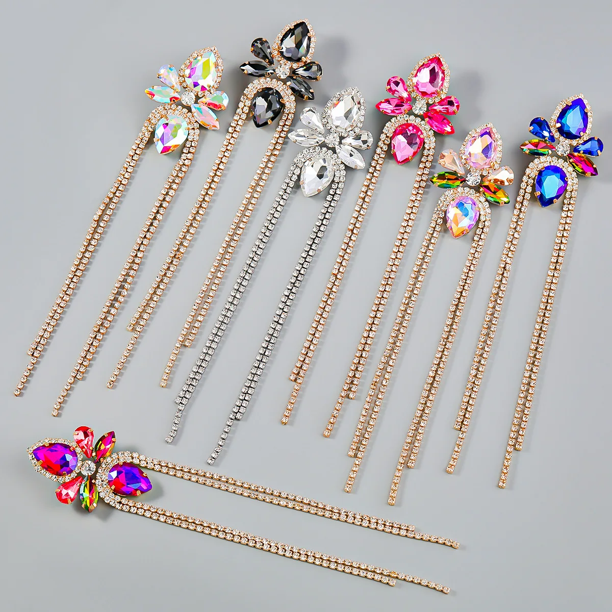 

European And American Exaggerated Alloy Inlaid Rhinestone Long Tassel Earrings, Jewelry For Dinner Show