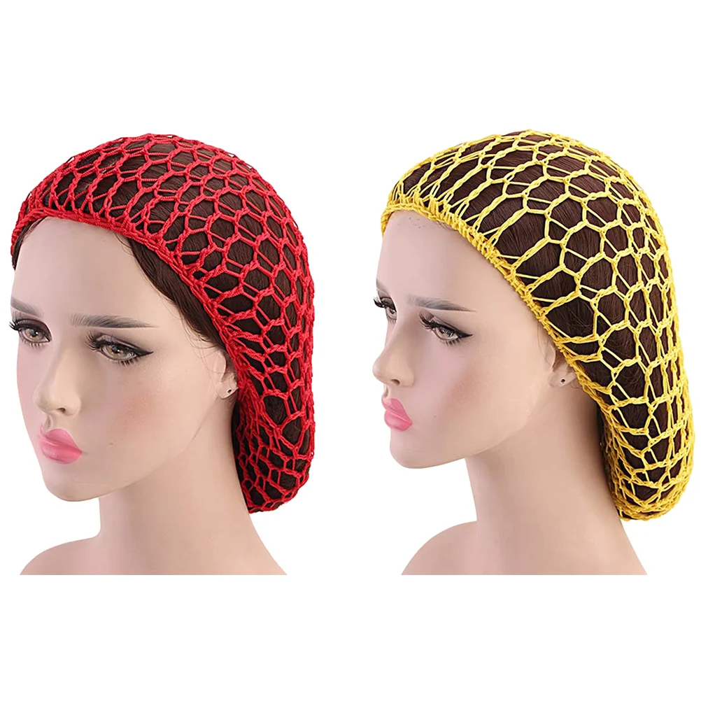 

2pcs Girl Night Hat Hair Net Bun Cover Crochet Hair Snood for Sleeping Ballet Dance ( Red, Yellow )