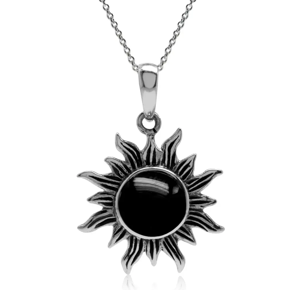 

Black Cabochon Gemstone Necklace Sterling Silver Sun Ray Inspired Pendant with 18 Inch Chain Necklace