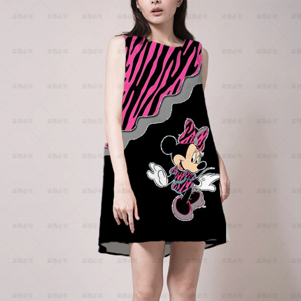

Fashion Disney Mickey Minnie Print Dress Summer Women Sleeveless Loose A-Line Mini Dress Sexy Hawaiian Party Club Wear Vestidos