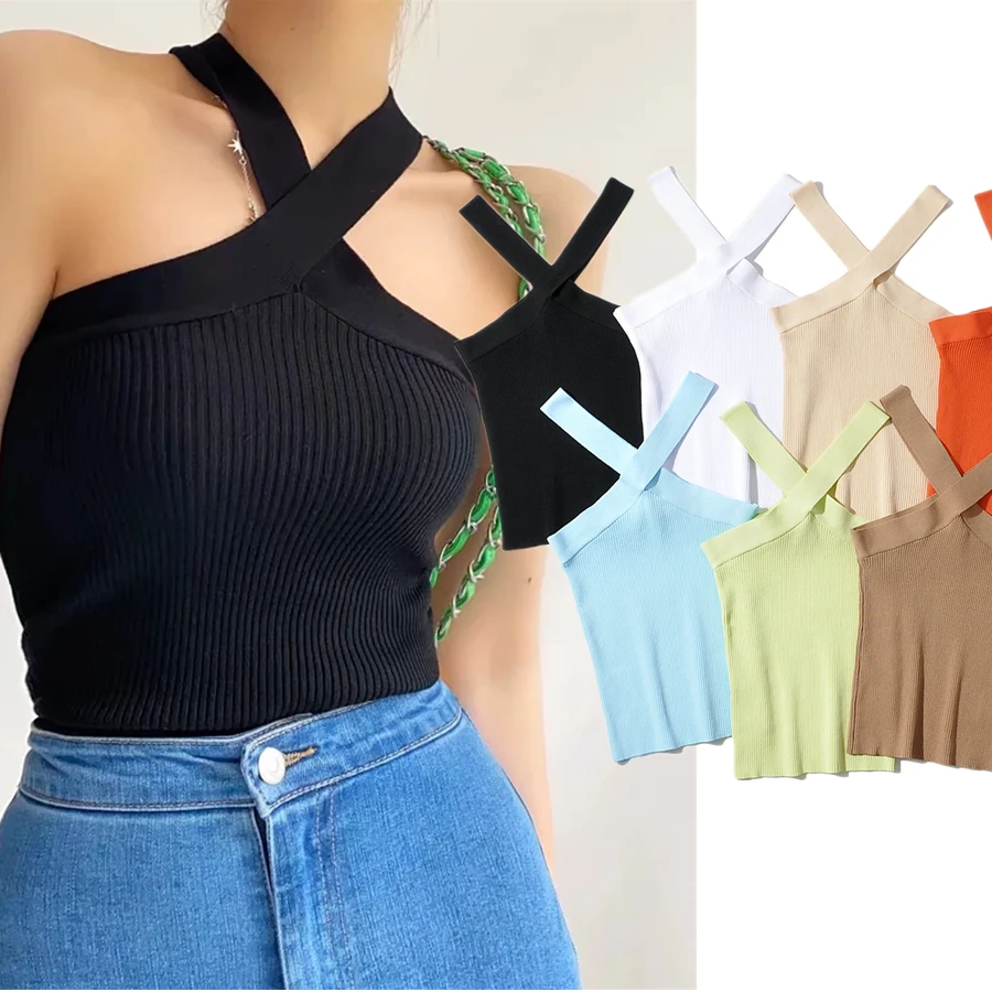 

Jenny&Dave Fashion Knitted Sexy Camisole Summer T shirts Women Tops Ins Blogger High Street Retro Tank Tops Halter