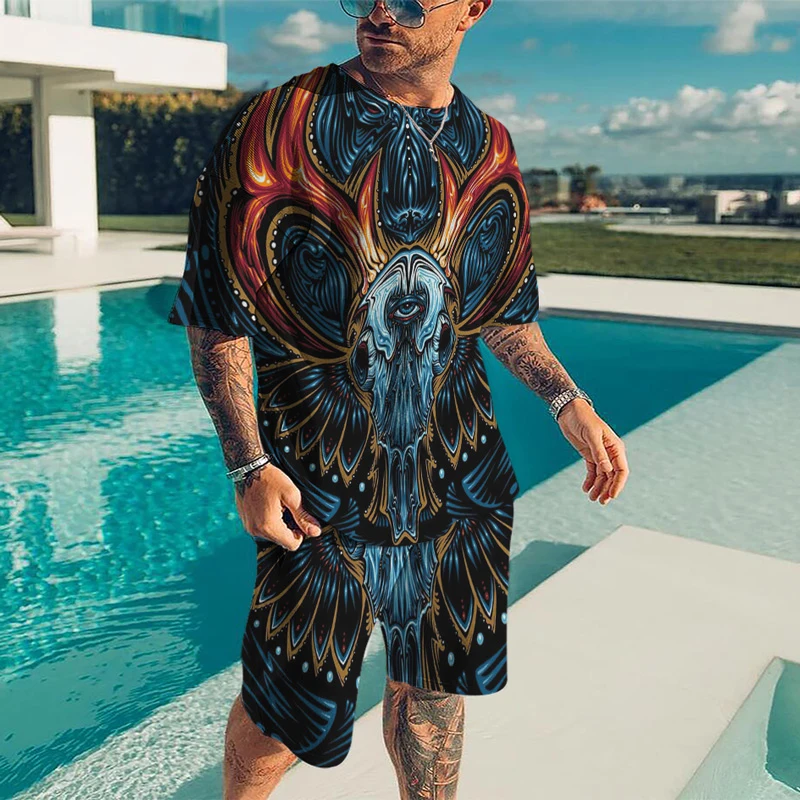 

Мужской повседневный костюм из 2 предметов, простая модная футболка с коротким рукавом и шорты, дышащий костюм большого размера с 3D-принтом, ...