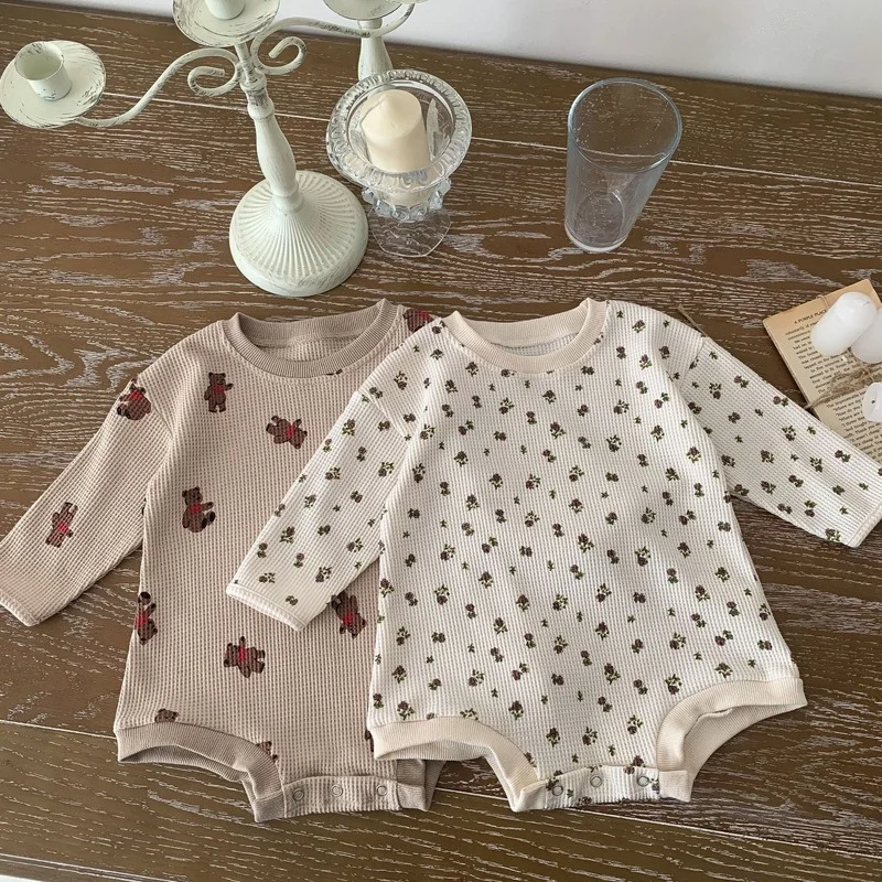 2022 Autumn Baby Bodysuits Bear Print Boys Clothes Waffle One Piece Long Sleeve Toddler Girl Clothing