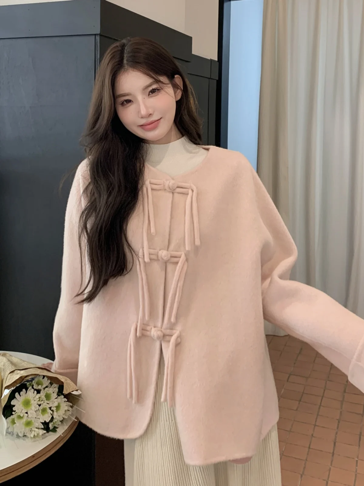 Pink Small Double-sided Angora Outerwear Women 2024 Autumn and Winter New Gentle Age-Reducing Thickened Short Wool coat