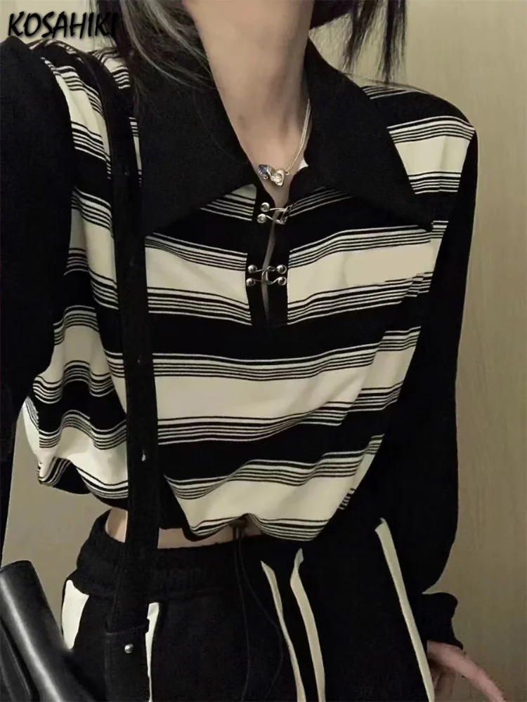 

Женский укороченный топ на пуговицах, повседневный Свободный Тонкий Топ в полоску с длинным рукавом, в Корейском стиле, Y2k, на весну