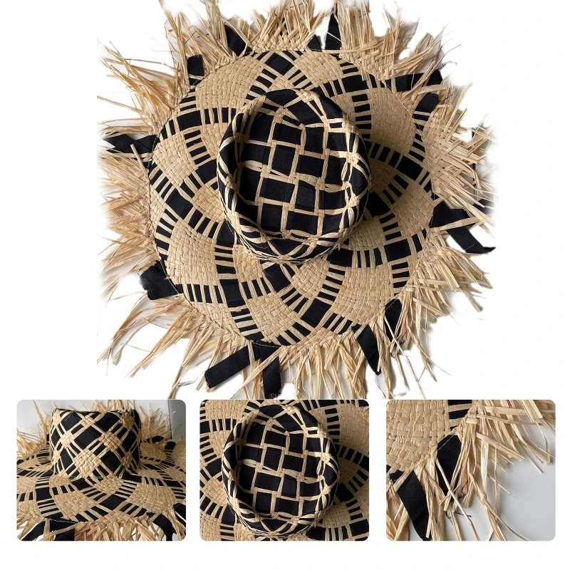 

Ladies Teens Women Straw Hat Breathable Jazz Hat Large Brim Sunproof Hat