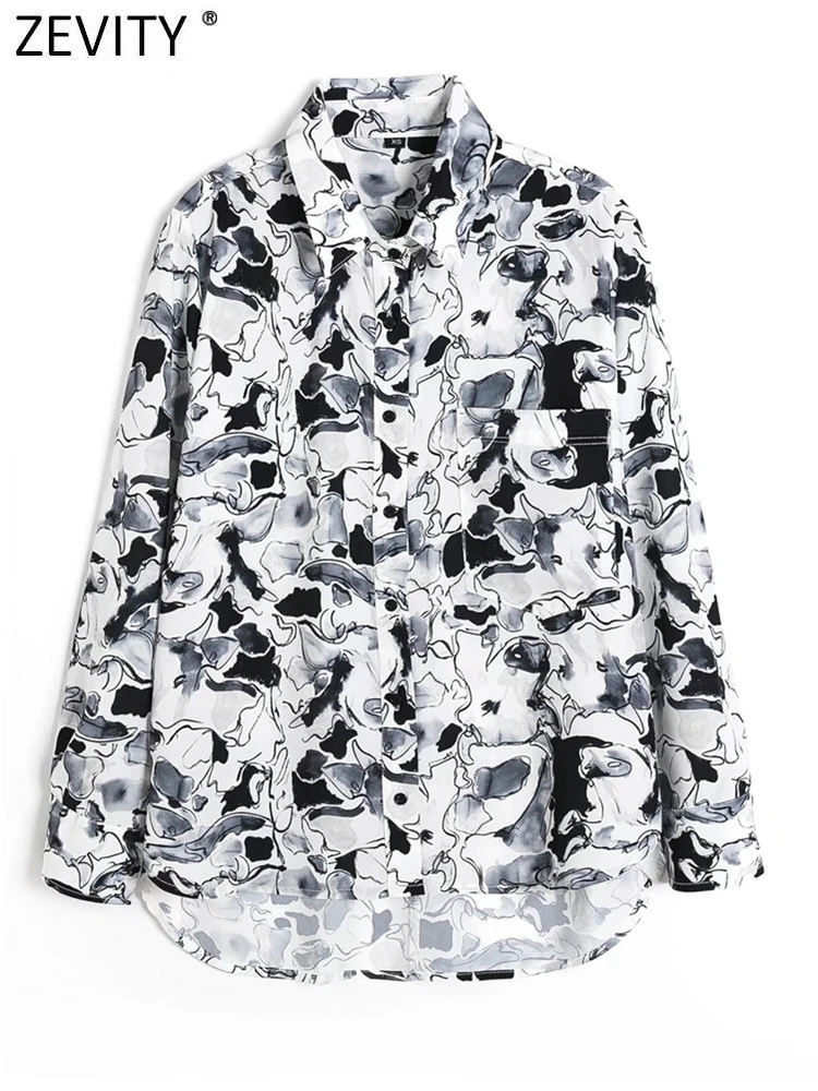 

Женская винтажная блузка Zevity с чернильным принтом и граффити, Офисная Женская рубашка с длинным рукавом и карманами, шикарная рубашка, блуз...