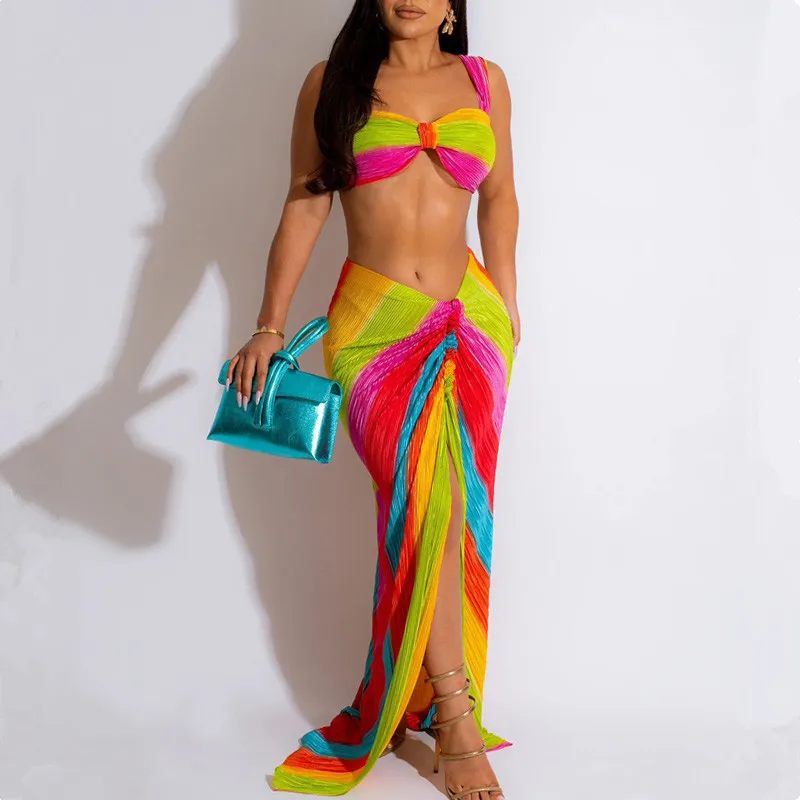 

Модный женский плиссированный комплект из двух предметов, летний Повседневный пляжный комплект из верха и юбки с высоким разрезом