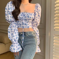 korean fashion plus size floral print tshirts women square collar long puff sleeve ruched drawstring crop top summer casual tops