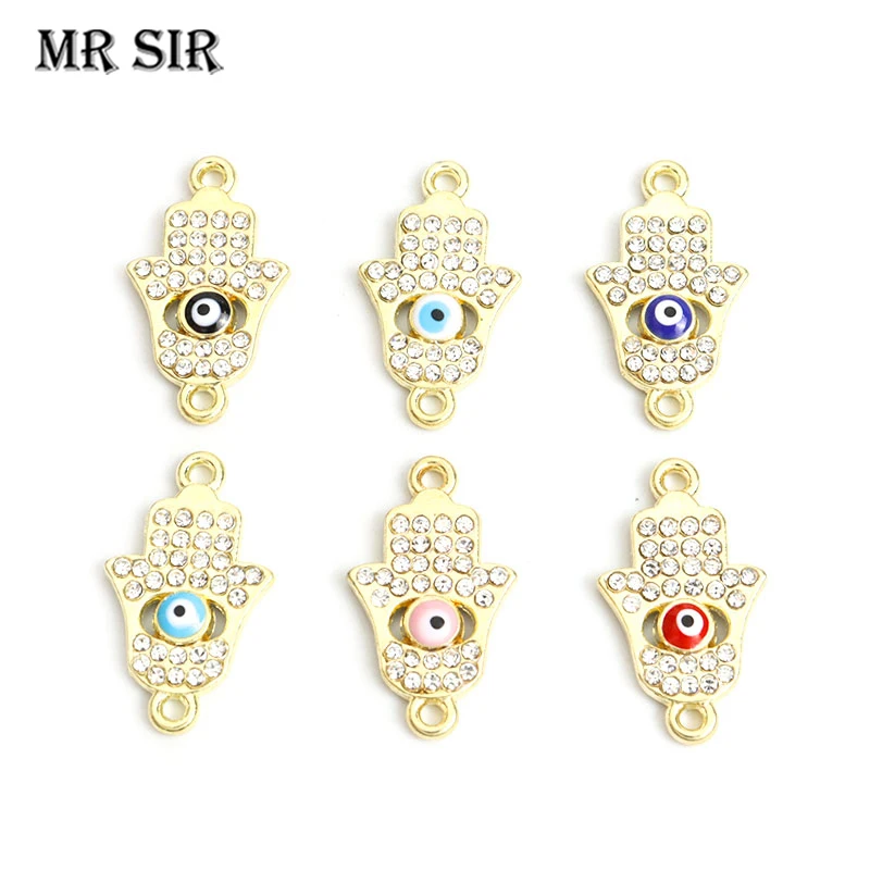 

15pcs Hamsa Hand Fatima Evil Eye Enamel Charms Connectors Inlaid Rhinestone Crystal Lucky Pendants Jewelry Bracelet Accessories