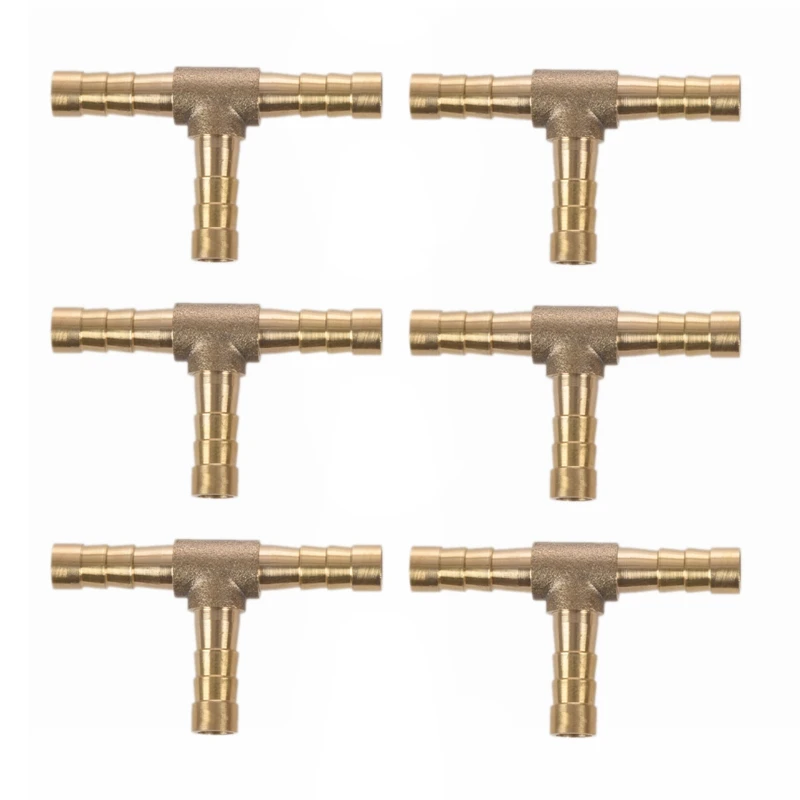 

6Pcs Air Fuel Water 3-Way Brass Tee T Fitting Hose Barb Connector