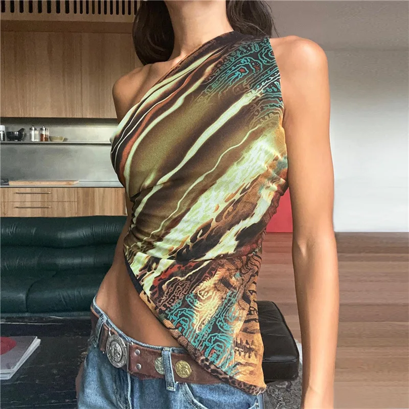 

2023 summer Print Streetwear t-shirt Women Crop top forefair Irregular Tanks Unique Incline Shoulder Sleeveless Body-shaping ves