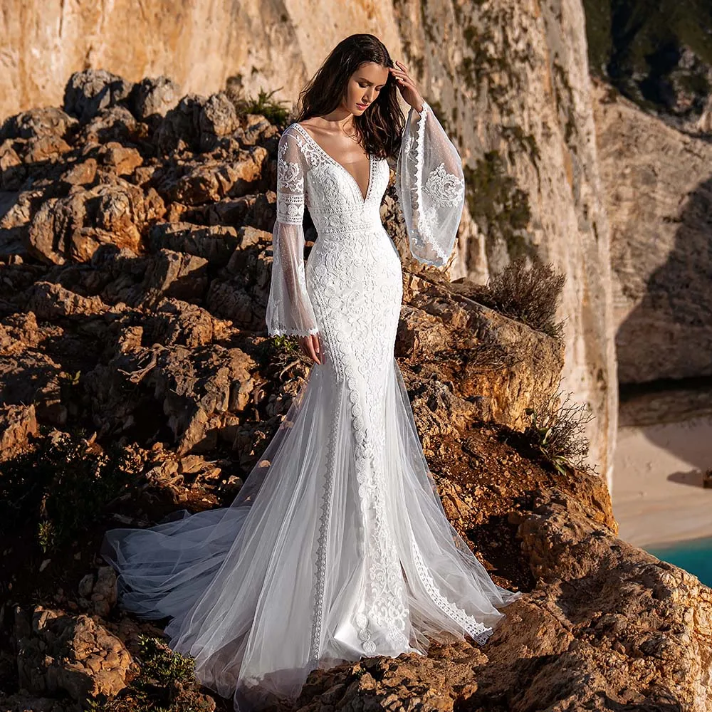 

Elegant Bridal Gowns Sexy V-Neck Open Back Zipper Flare Sleeve Wedding Dress Lace Appliques Mermaid Tulle Bride Gown 2022 Custom