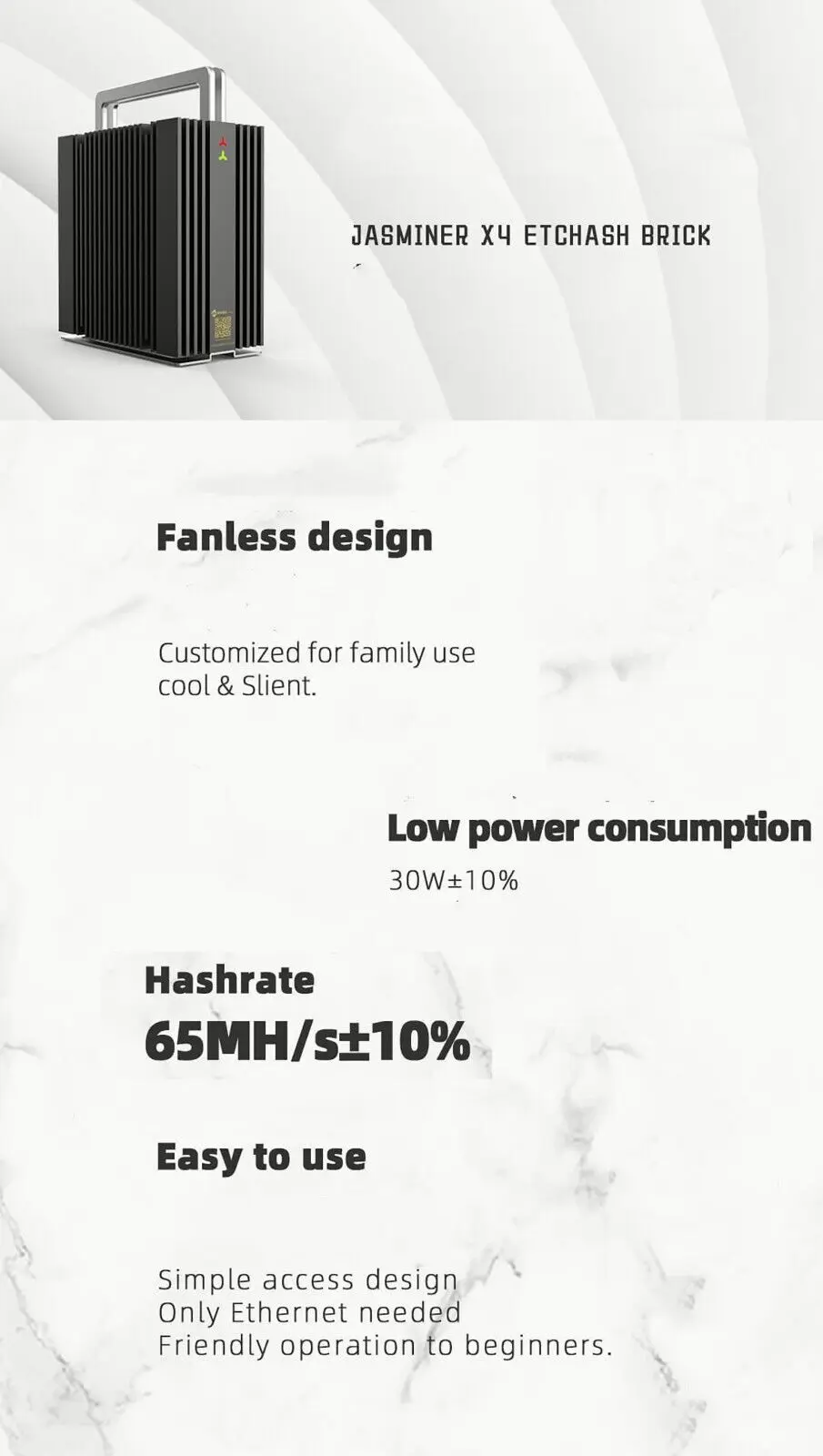 

Jasminer X4 Brick Ethereum Classic Asic Miner 30W Fanless