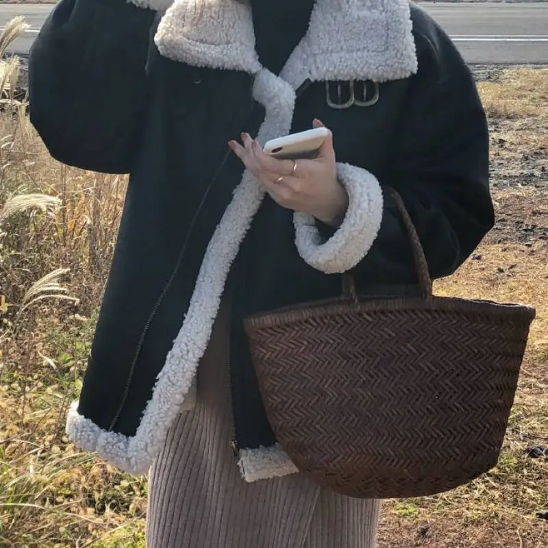 2022 Faux Fur Coat Fall Winter Jacket for Women Loose Warm Lambswool Thicken Locomotive Lapel Female Coat PU Outerwear