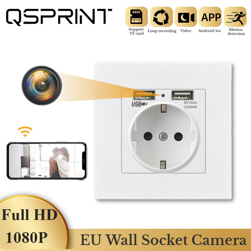 

1080P Full HD MINI Camera EU Household USB Power Outlet 5V 2A PC Panel Dual Usb Wall Outlet Camera Home Security Nanny Cam