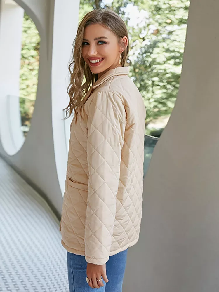 NEW2022 Causal plaid loose pocket women parka winter  Office lady lapel warm top coat solid  Elegant long sleeve puffer jackets