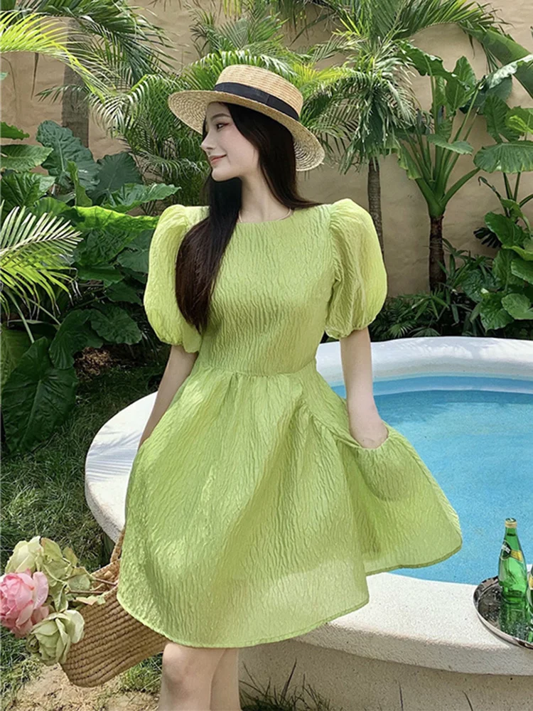 

Women Tassel Short Puff Sleeve Round Collar Ball Gown Green Mini Dress 2022 Summer Female Fahion Slim Fit Clothing G115