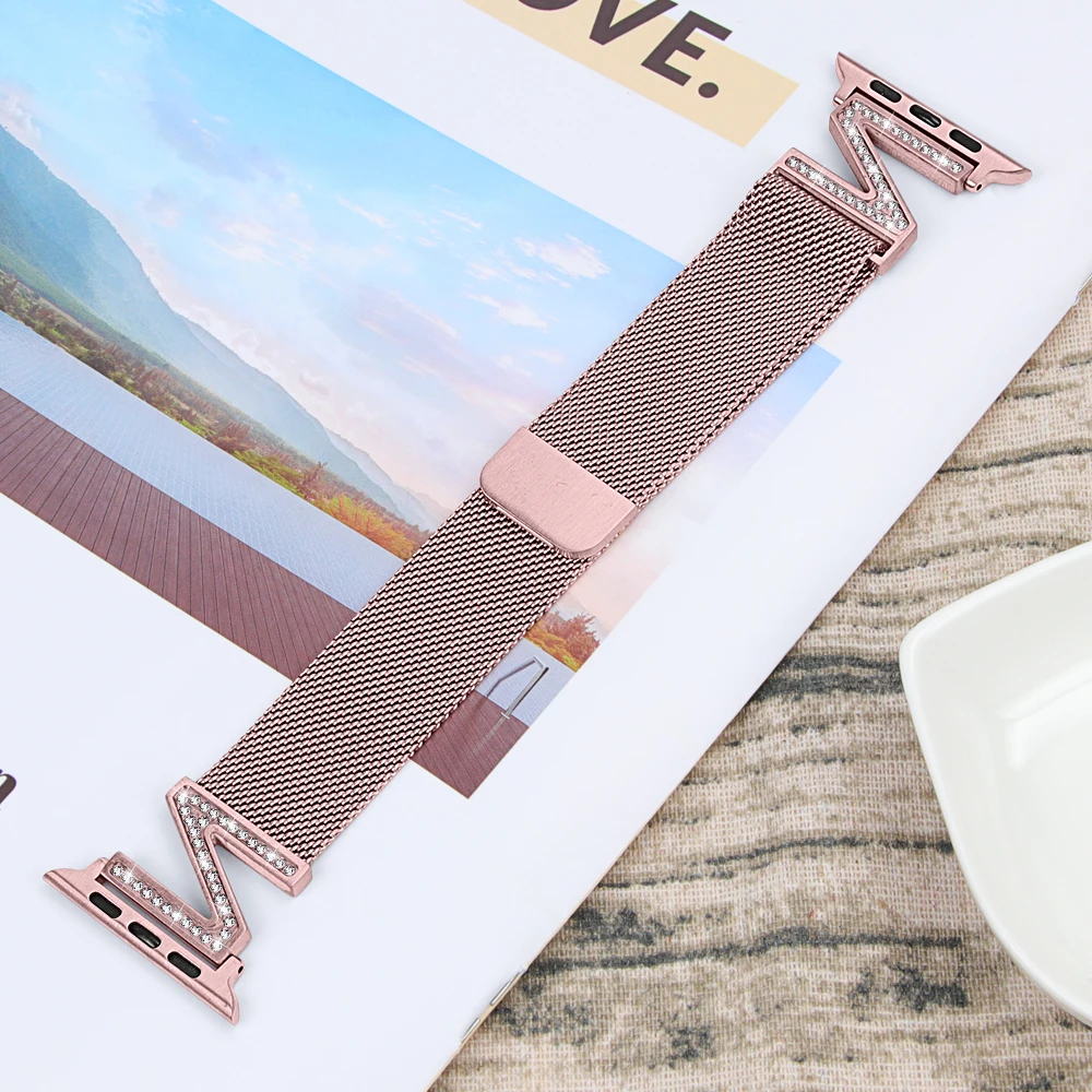 Diamond strap For Apple Watch band 45mm 41mm 38mm 42mm 40mm 44mm Milanese Loop Stainless Steel Bracelet iwatch series 7 6 SE 5 4